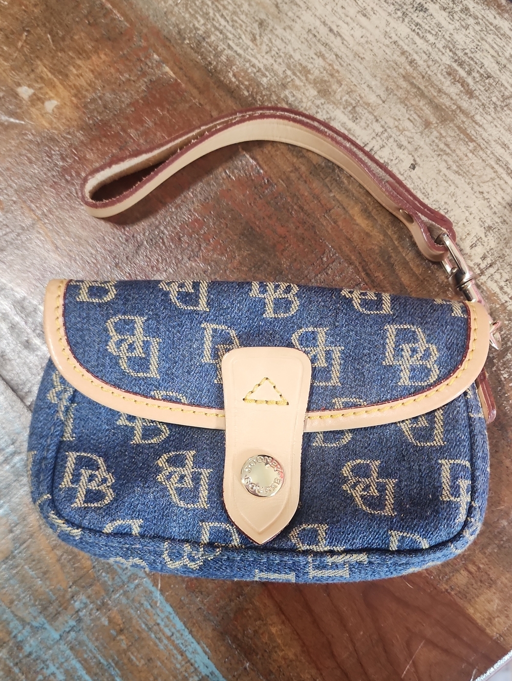 Dooney & Bourke Denim Leather Signature DB Wristlet Clutch Pouch